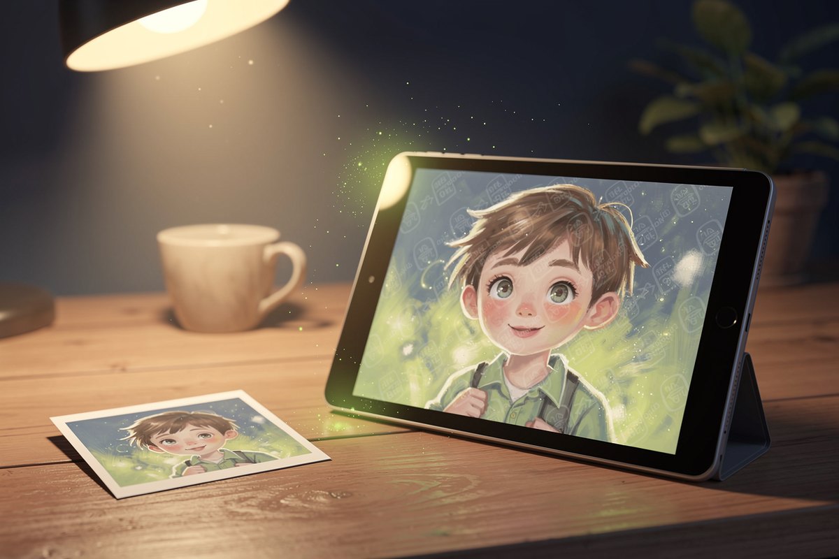 A watermarked hero portrait shown on a tablet beside an uploaded snapshot on a warm desk, the approve-before-print proof step of an AI portrait gift