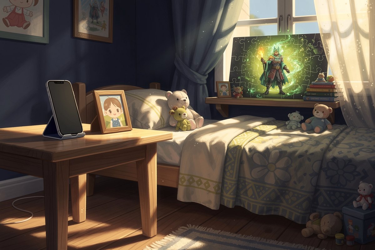 Cozy sunlit child's room with a phone, a framed child's portrait, and a finished fantasy hero jigsaw puzzle from The Curious Thing on a warm shelf.