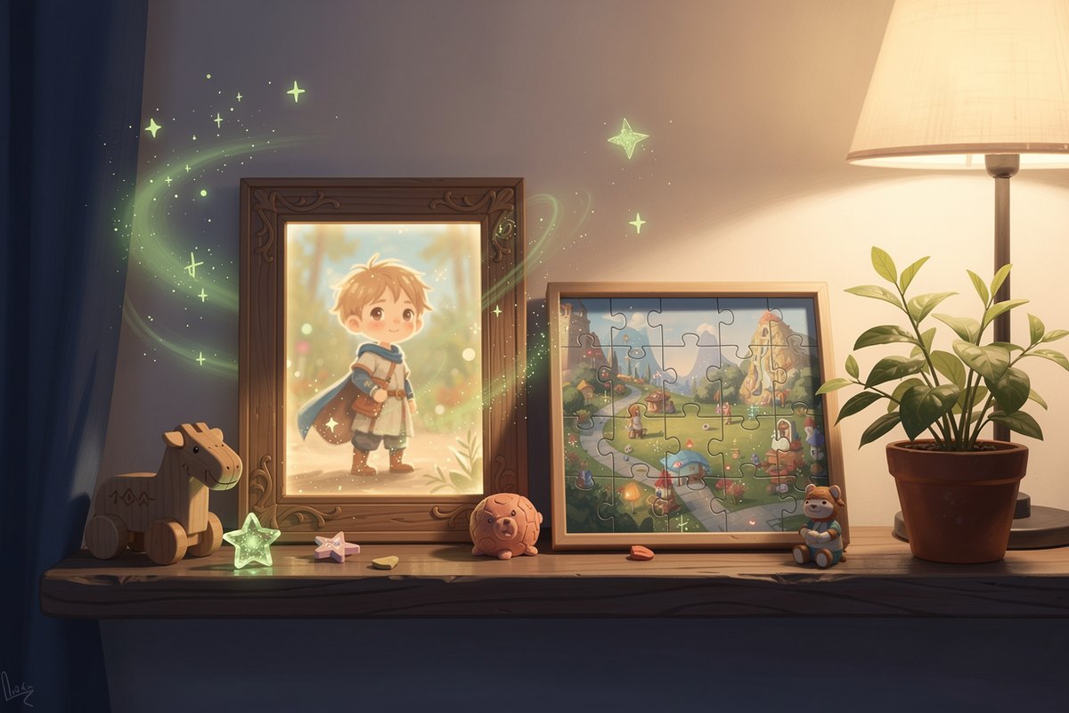 A keepsake shelf in warm lamplight: a framed The Curious Thing portrait of a child as a storybook hero beside a finished custom jigsaw puzzle.