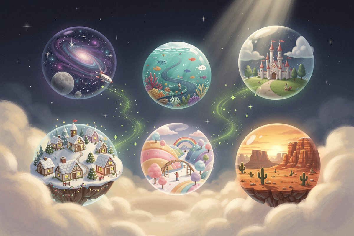 Six glowing floating storybook worlds among soft clouds, a galaxy, coral reef, castle, snowy village, rainbow land, and cowboy mesa, to choose from for a grandchild.