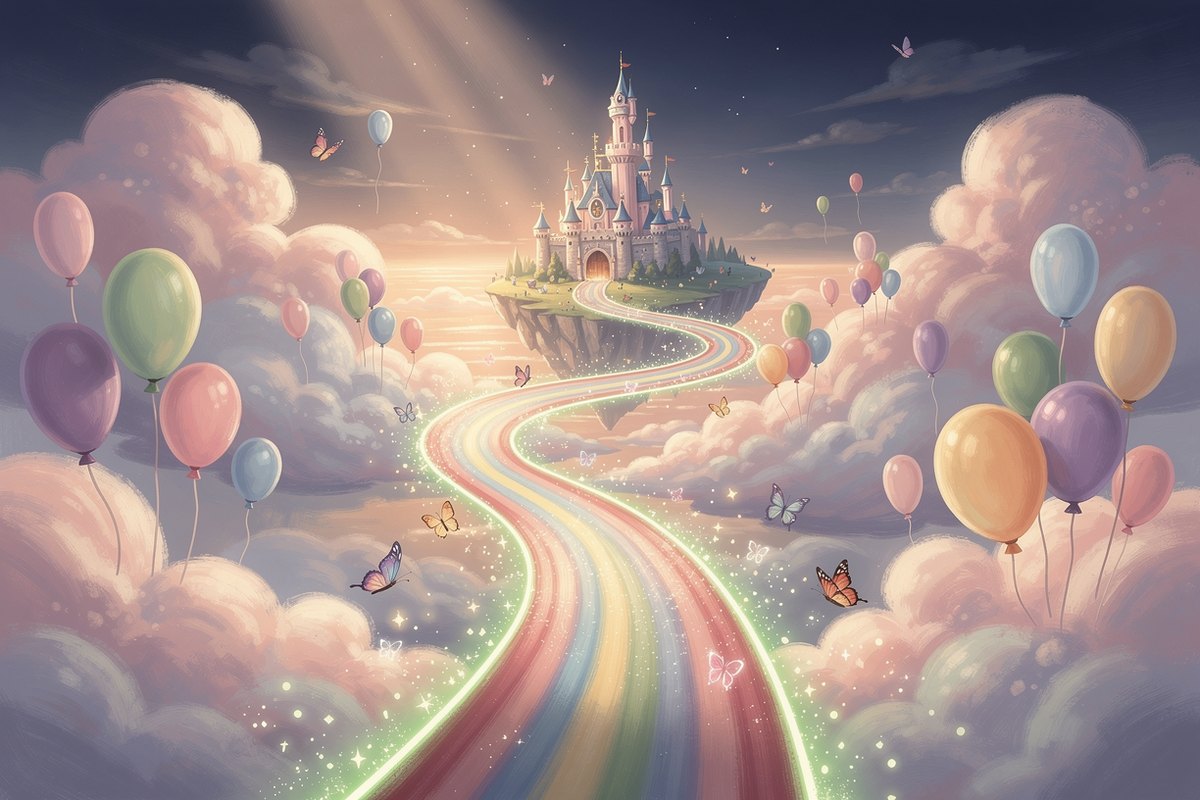 A soft rainbow road arcing through pastel clouds and balloons toward a distant enchanted castle with butterflies, evoking The Curious Thing's Rainbow Dreamland and Princess Kingdom worlds