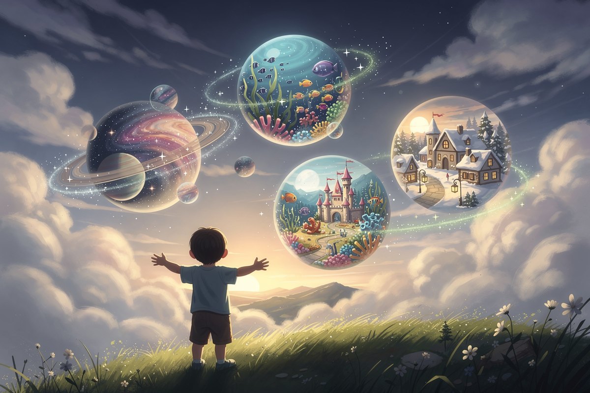A child seen from behind with arms open wide on a grassy hilltop, gazing up at glowing floating storybook worlds: a ringed galaxy, a coral reef, a fairy-tale castle, and a snowy village