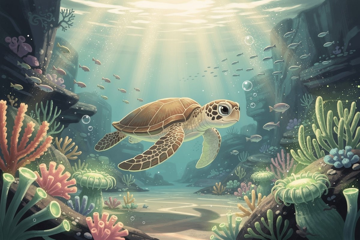 A sunlit coral reef with gentle light rays, drifting bubbles, and a friendly sea turtle, evoking The Curious Thing's Mermaid Lagoon world
