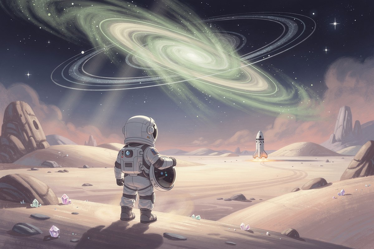 A child astronaut in a detailed white spacesuit, helmet under one arm, standing on a pastel alien planet beneath a glowing nebula, evoking The Curious Thing's Space Explorer world
