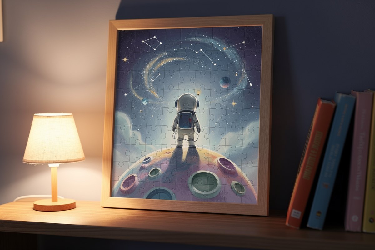 A finished personalized custom photo puzzle in a wooden frame showing a child as a tiny astronaut on a pastel planet, on a cozy shelf with warm lamplight, from The Curious Thing.