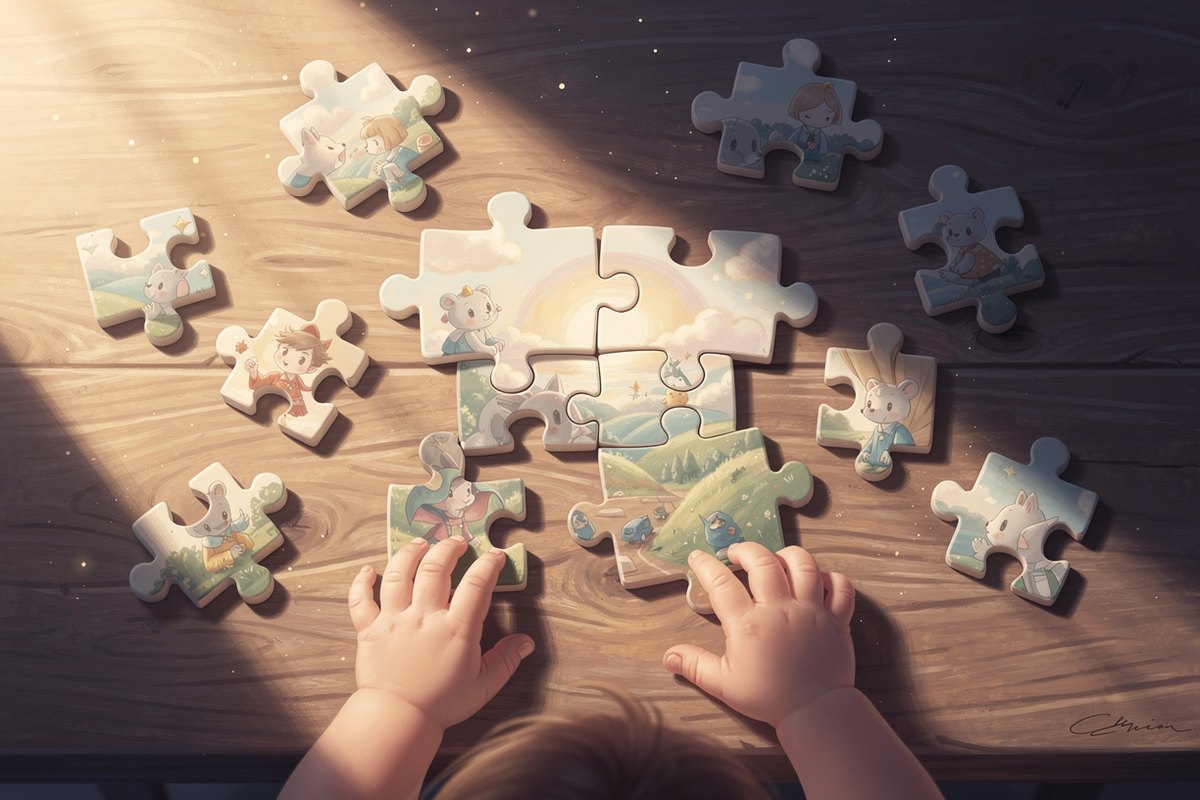 A young child's hands assembling large, chunky, toddler-safe jigsaw pieces of a whimsical pastel scene, illustrating how to match puzzle piece count to a child's age.