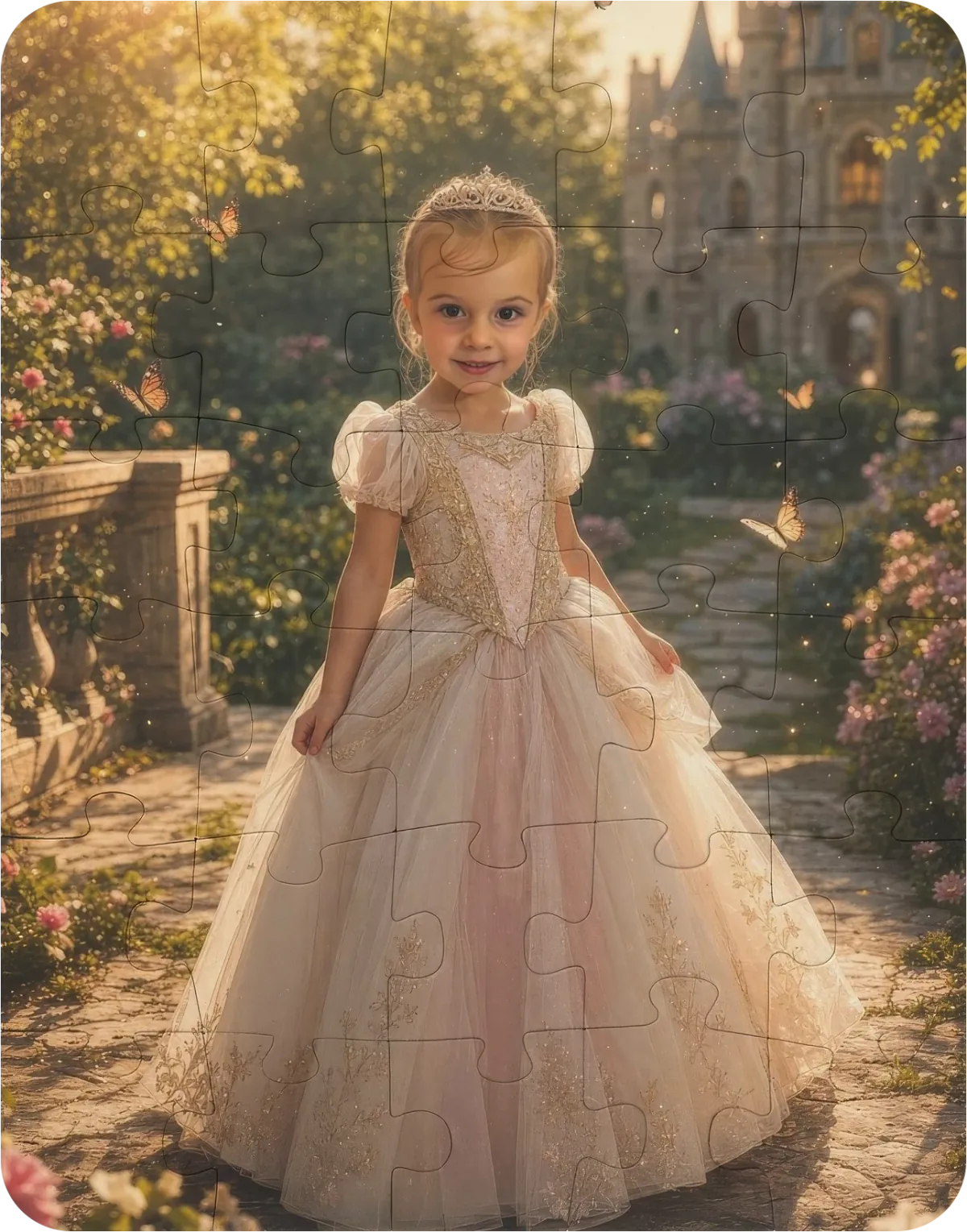 A child reimagined as a princess outside a fairytale castle, shown as a finished 30-piece Princess Kingdom kids jigsaw puzzle