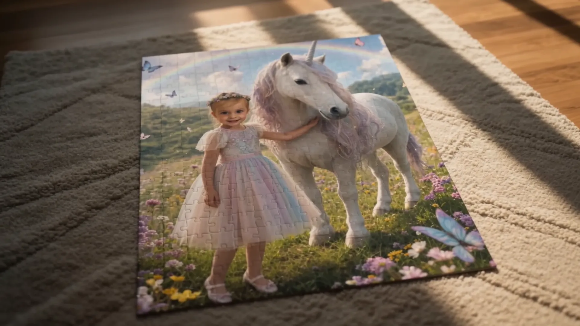 A girl painted beside a white unicorn in a flower meadow, printed as a finished jigsaw puzzle on a rug in afternoon light