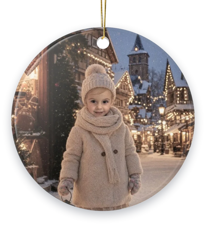 A little girl in a knit hat and coat painted into a snowy Christmas village, on a round ceramic ornament