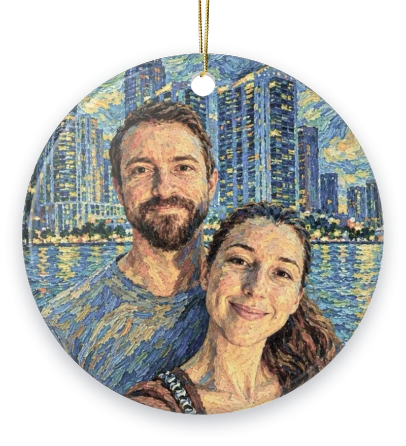 A couple painted in swirling post-impressionist oil before a city at night, on a round ceramic ornament