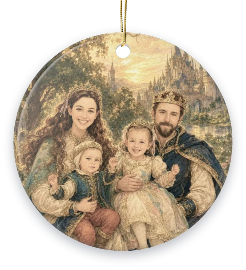A family of four painted as a golden-age storybook plate, on a round ceramic ornament