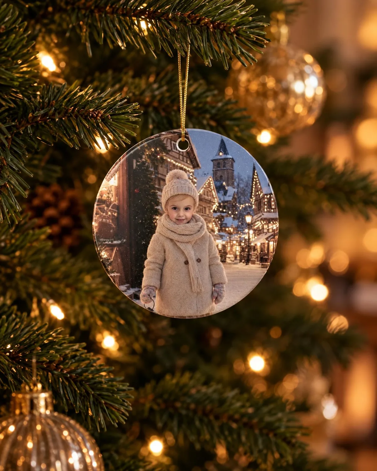 A girl painted into a snowy Christmas village, printed on a round ceramic ornament hanging by its gold cord on a lit Christmas tree