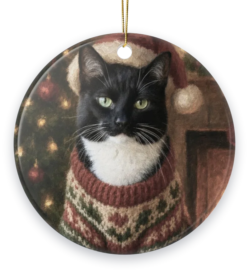 A tuxedo cat in a knit holiday sweater and Santa hat, on a round ceramic ornament