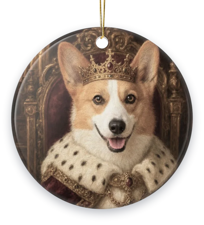 A corgi painted as a crowned monarch in an ermine robe, on a round ceramic ornament