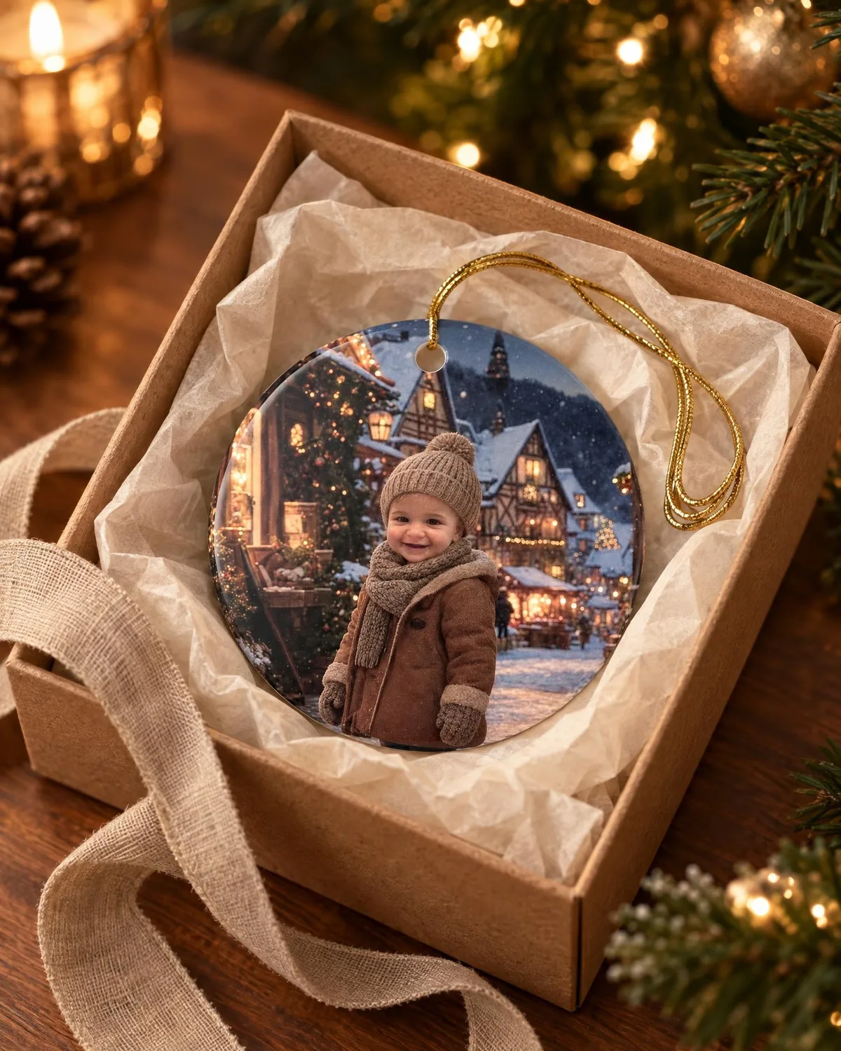 A boy painted into a snowy Christmas village on a ceramic ornament, nestled in tissue paper in an open kraft gift box