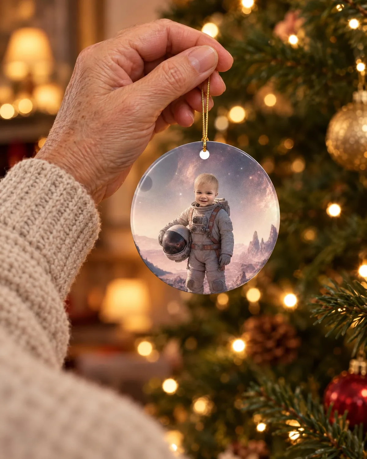 A grandparent's hand holding a boy's Space Explorer ornament up by its gold cord in front of a lit tree