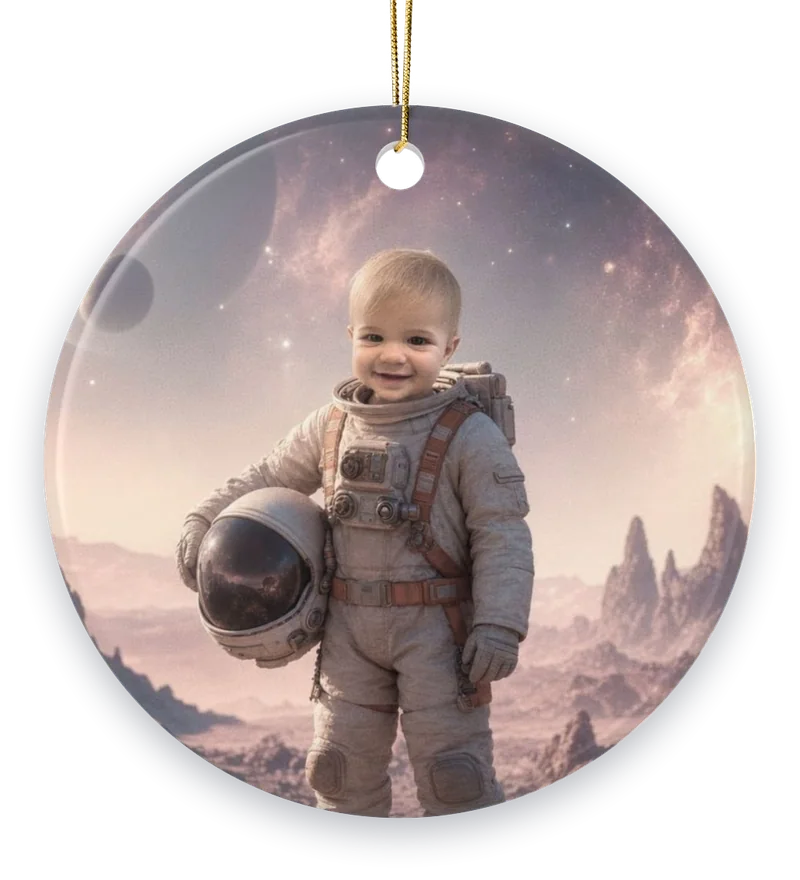 A boy in a spacesuit painted on an alien planet, on a round ceramic ornament