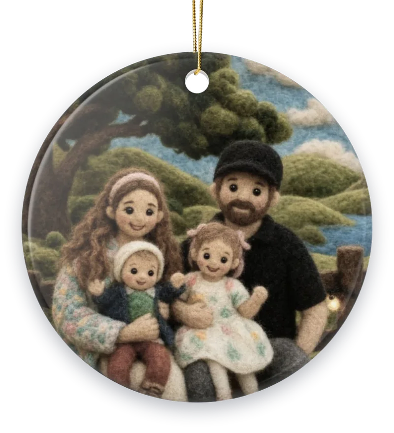 A family of four as needle-felted wool figures, on a round ceramic ornament