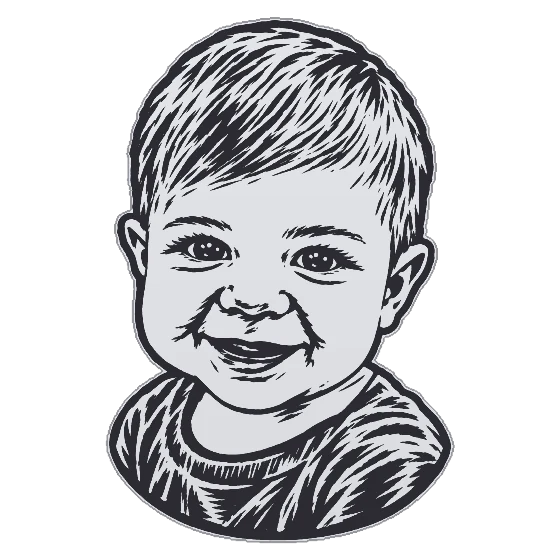 A gold pendant cut to the shape of a boy, engraved as a linocut print