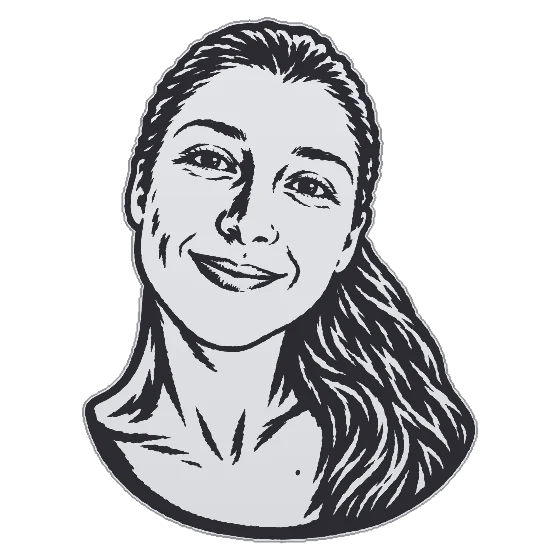 A woman’s face cut as a linocut print, engraved on a sterling silver pendant cut to its outline