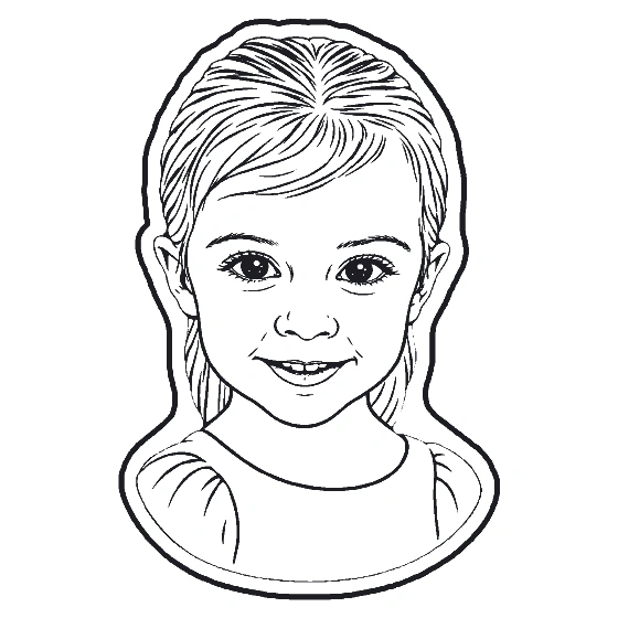 Fine-line drawing of a smiling young girl's head and shoulders drawn from a photo, in black lines on white