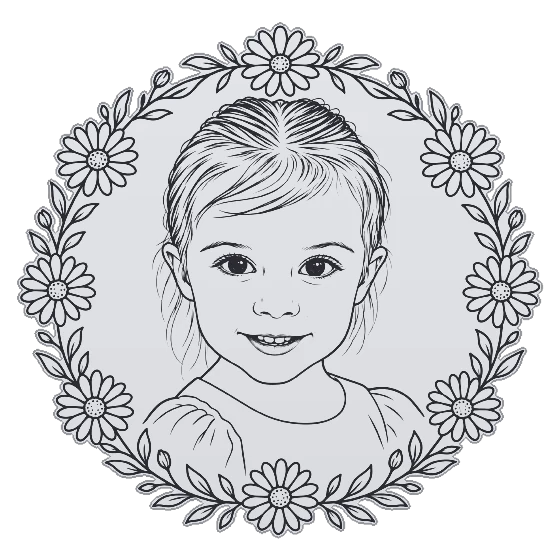 Fine-line drawing of a smiling little girl framed by a round wreath of daisies, the April birth flower, drawn for engraving on a pendant