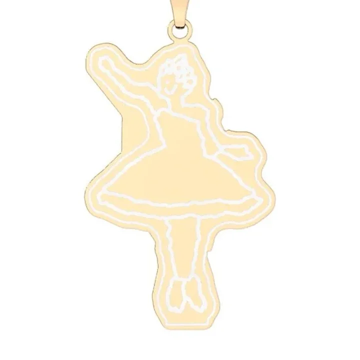 The ballerina painting as a gold pendant cut to its shape, rendered by the engraver