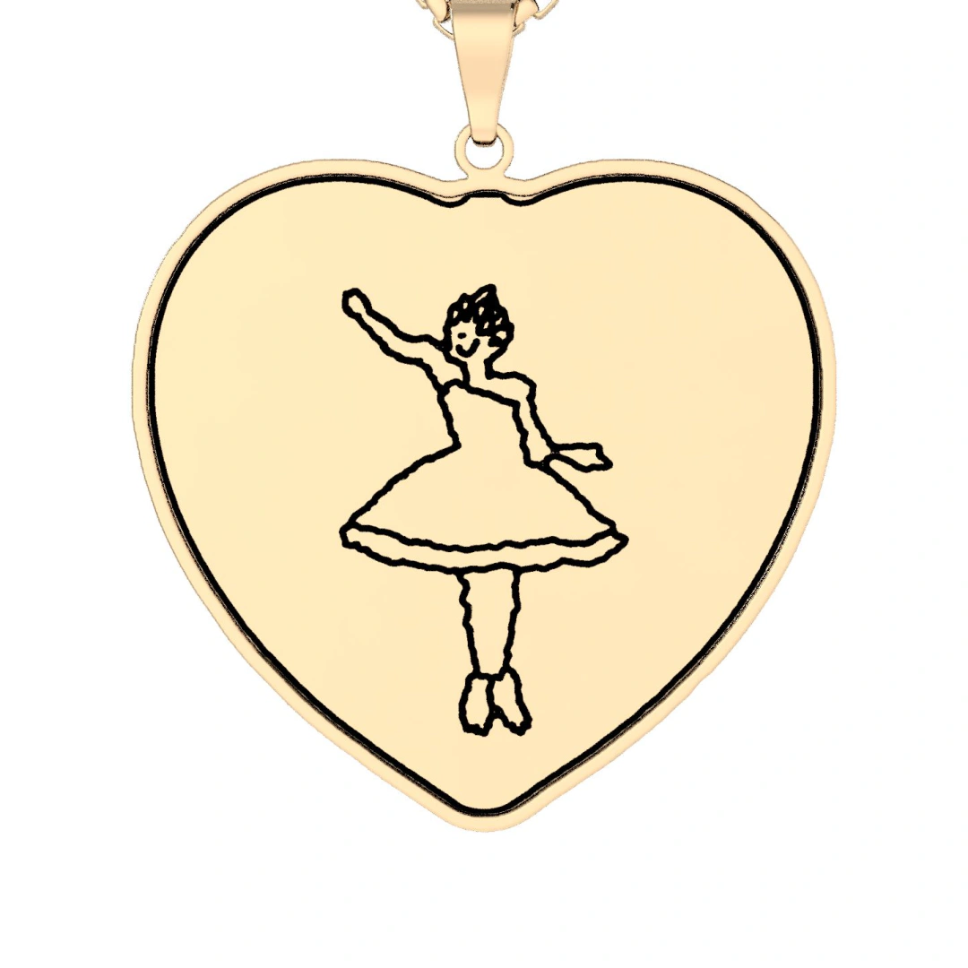 The ballerina as a heart pendant in gold plated, printed in black line