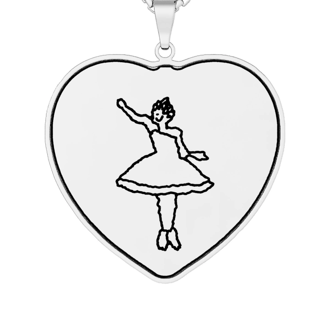 The ballerina as a heart pendant in stainless steel, printed in black line