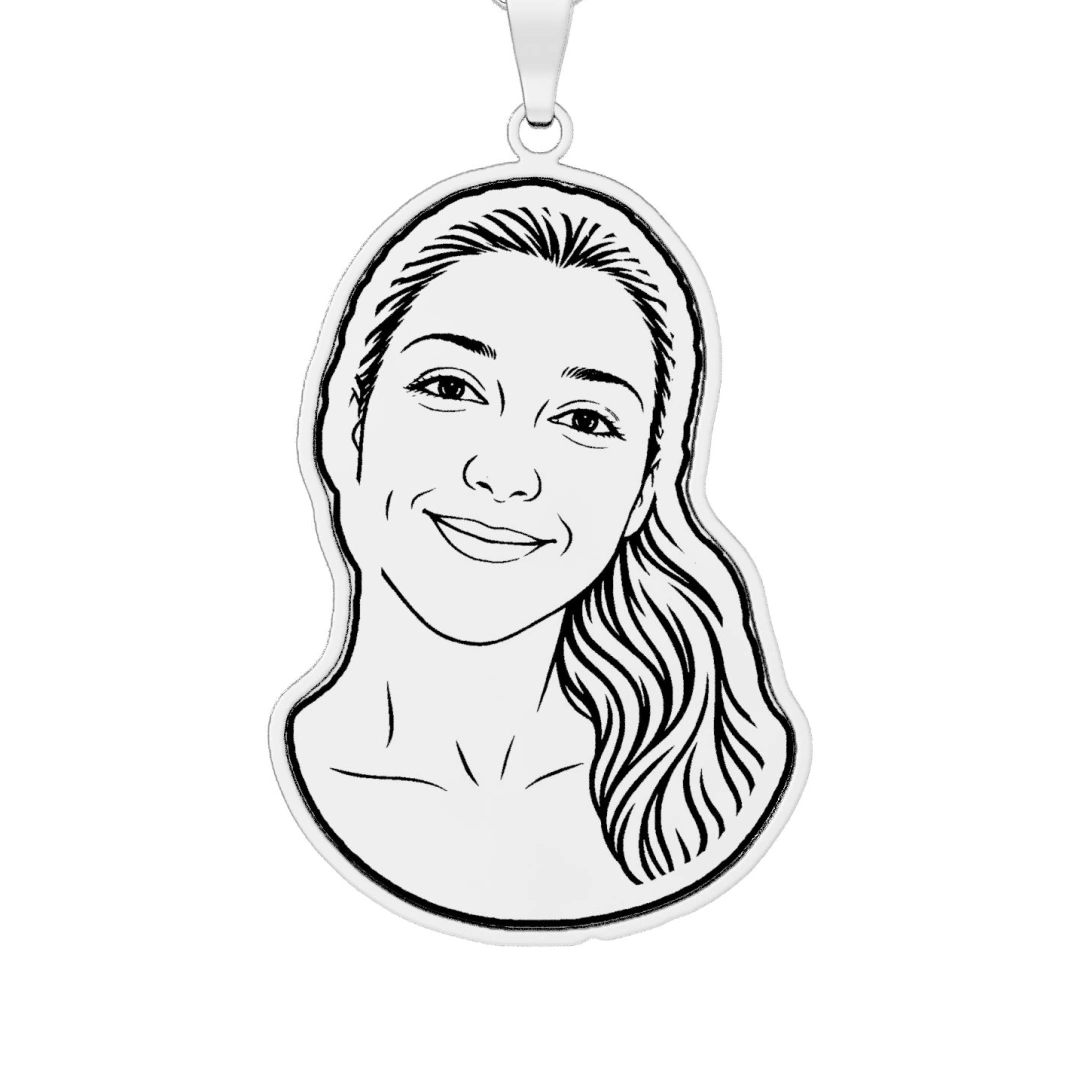 A woman’s face drawn in fine line, printed in black line on a stainless steel pendant cut to its outline