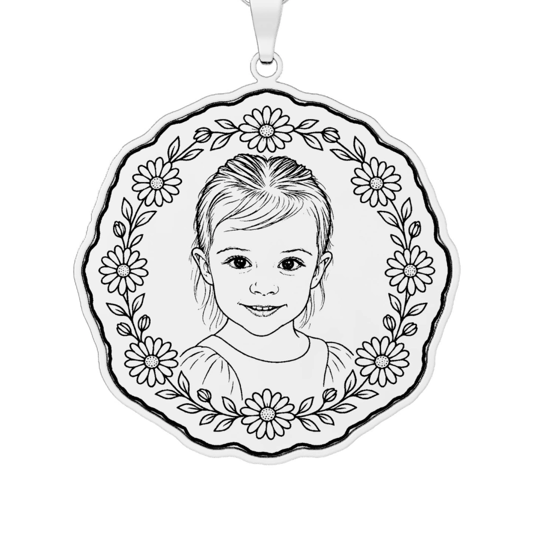 A sterling silver pendant cut to the shape of a girl’s portrait in a wreath of daisies, printed in black line