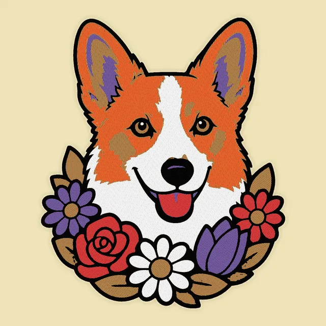 Stitch preview of a corgi in the flowers style