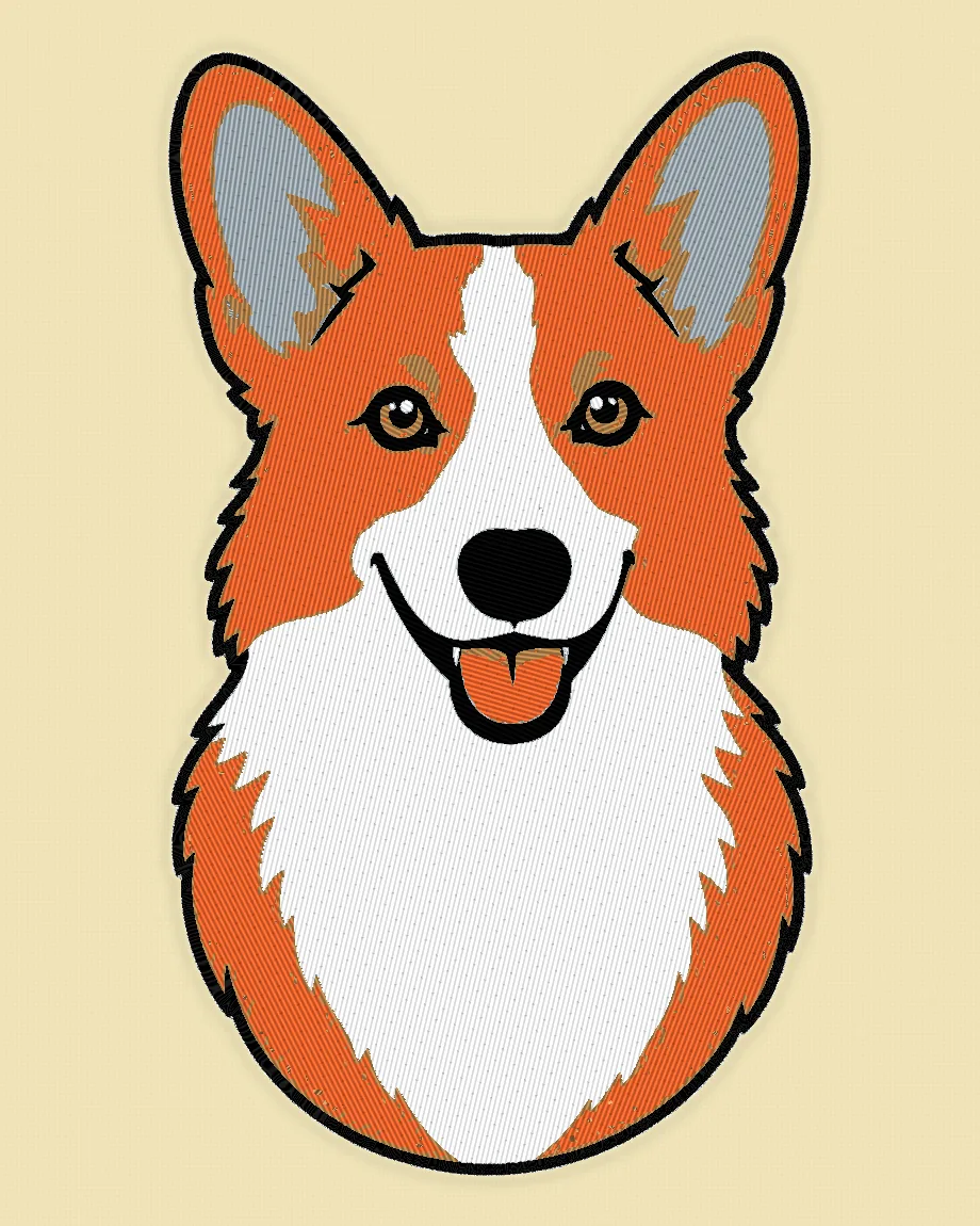 A corgi drawn as a portrait for embroidery, shown as the stitch preview on butter-yellow fabric