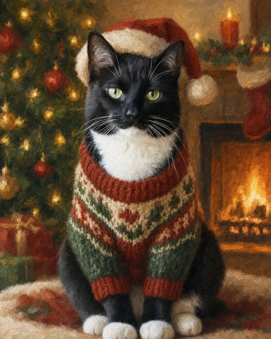 Custom Christmas pet portrait of a pet in a knit sweater and Santa hat with string lights