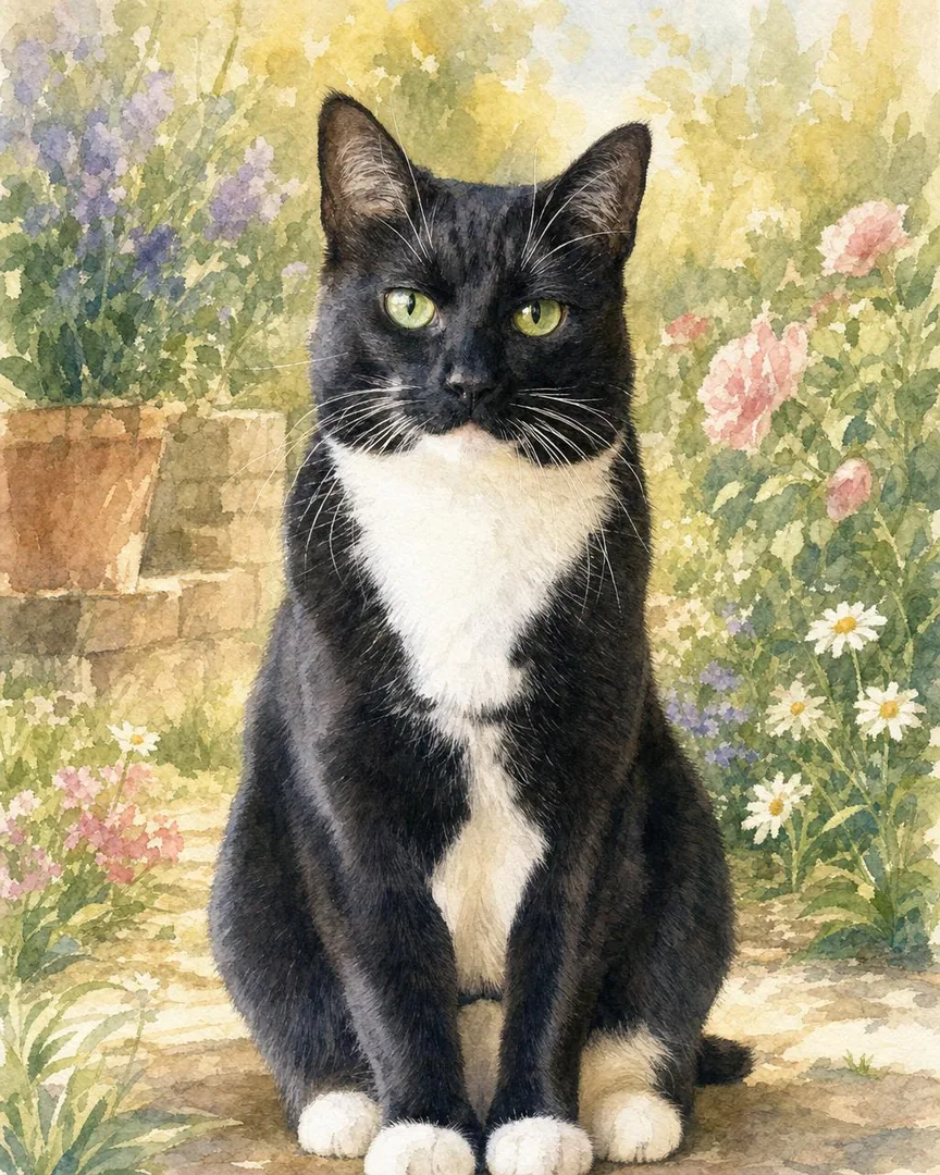 Gentle watercolor pet memorial portrait of a beloved pet in soft warm garden light