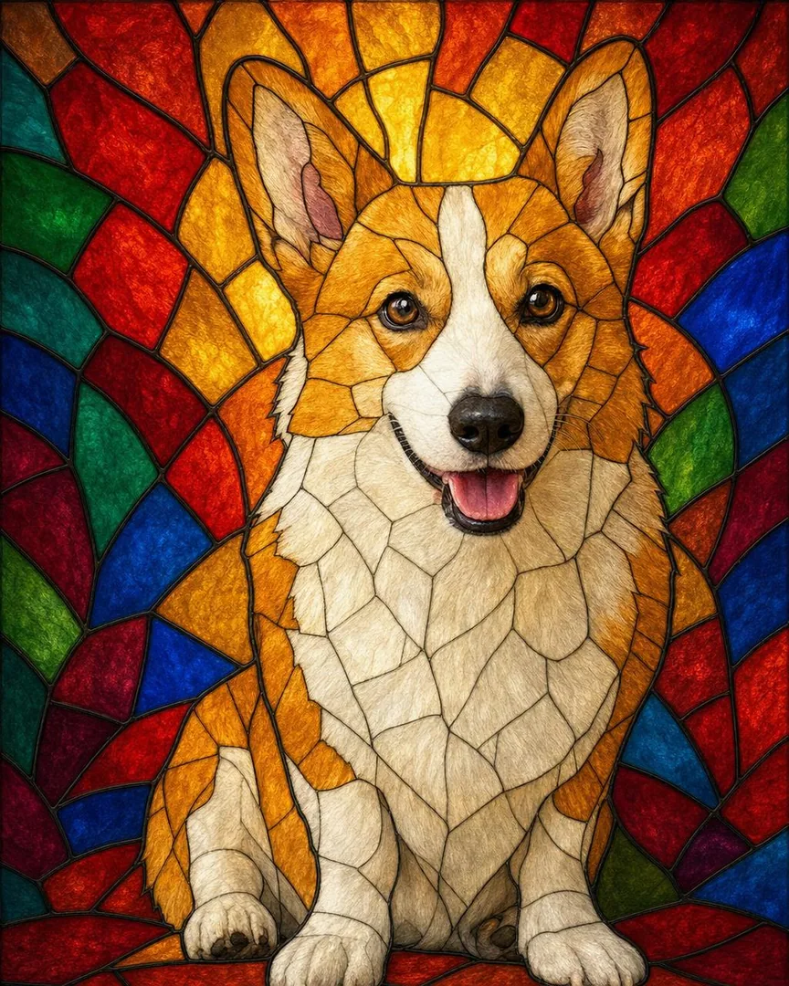 Custom stained glass pet portrait of a pet as a luminous jewel-toned leaded-glass panel