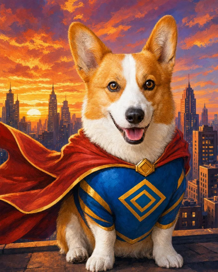 Custom superhero pet portrait of a pet in an original cape and emblem above a city skyline