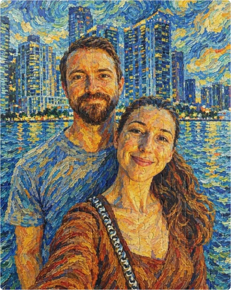 A couple painted in a swirling oil style against a city waterfront, printed as a custom jigsaw puzzle