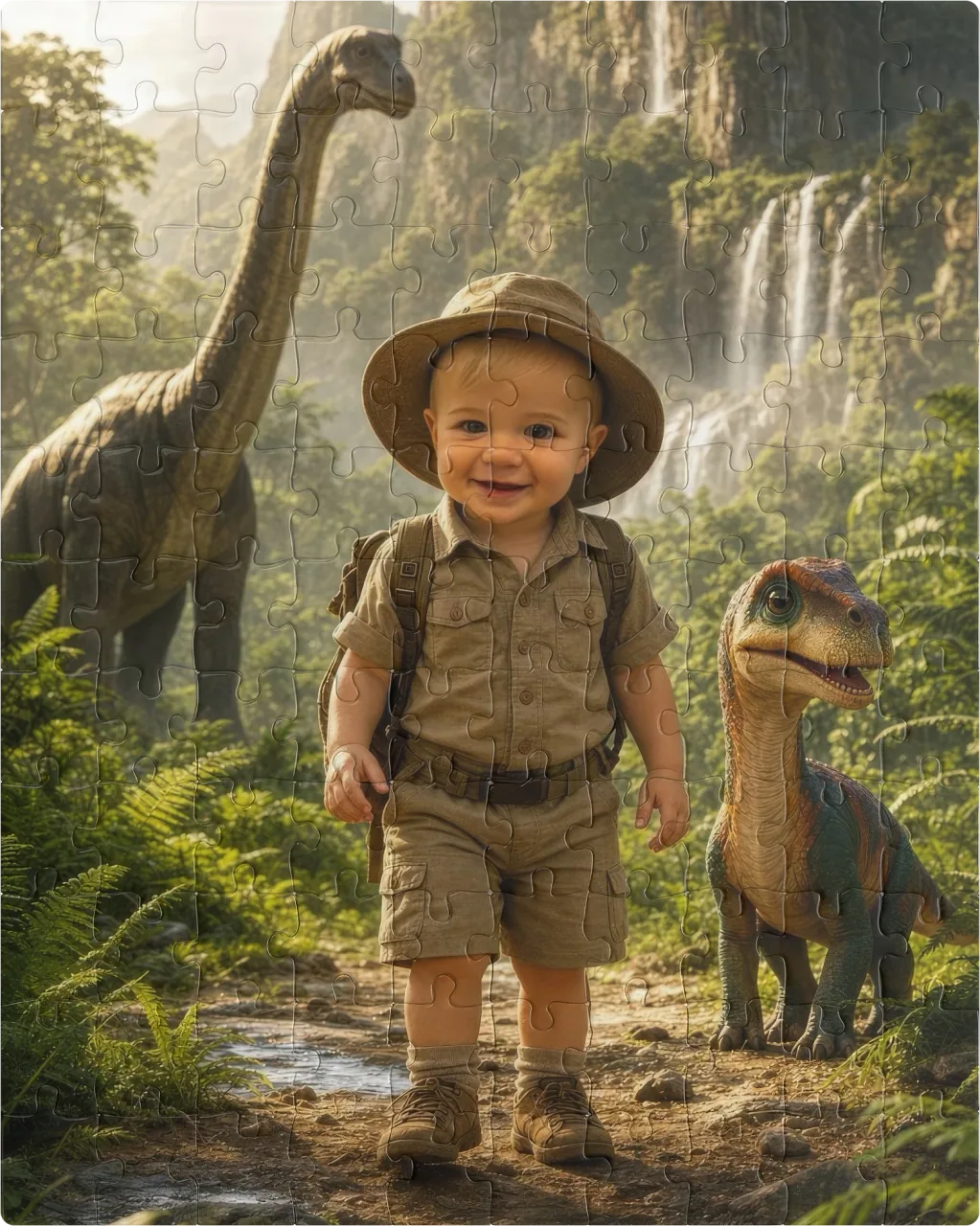 A child reimagined as a dinosaur explorer, printed as a finished 110-piece custom jigsaw puzzle