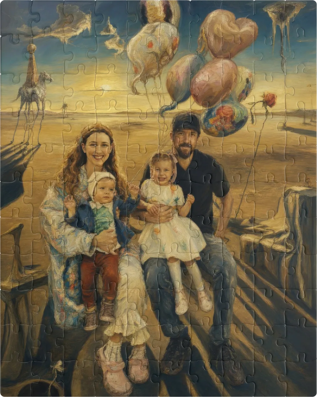 Surreal Dreamscape family portrait printed as a custom jigsaw puzzle