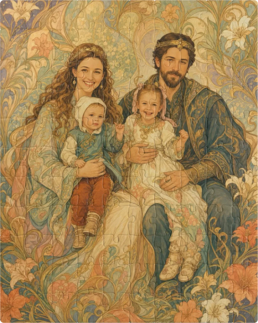 Family in the Enchanted Court family portrait printed as a custom jigsaw puzzle