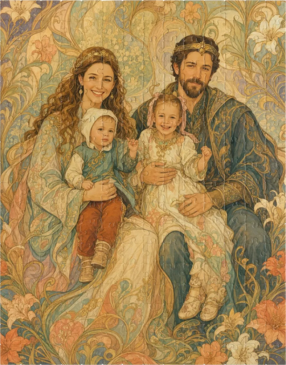 A 252-piece custom puzzle of a family repainted together in a flowing art nouveau style, part-assembled beside its printed box