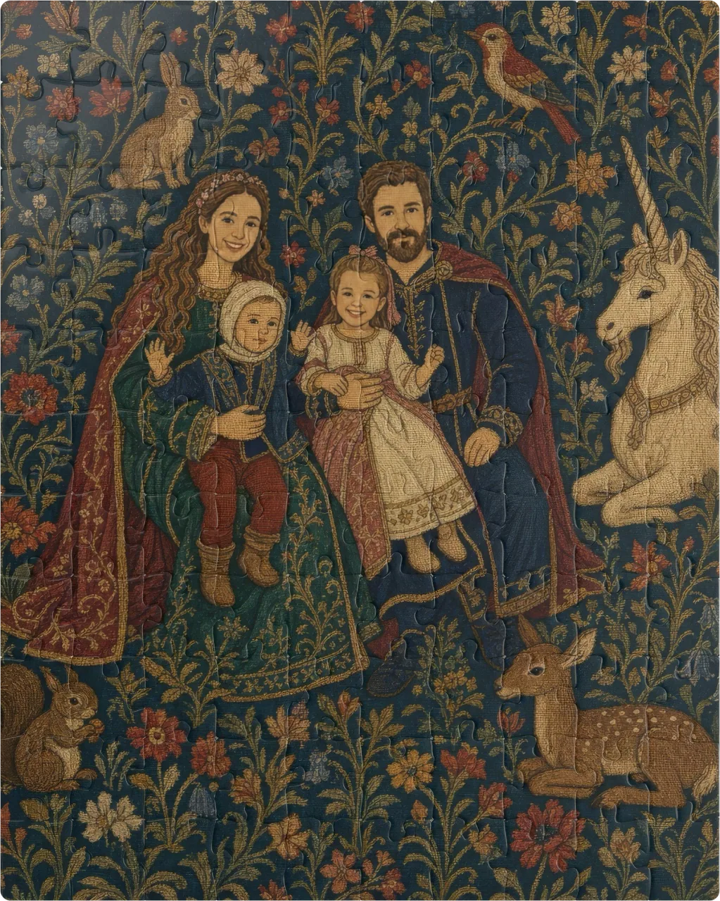 Woven Family Saga family portrait printed as a custom jigsaw puzzle