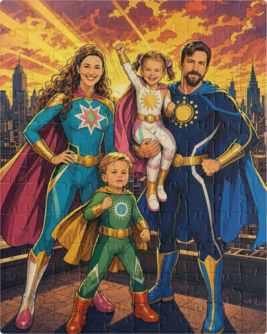 Family of Heroes family portrait printed as a custom jigsaw puzzle