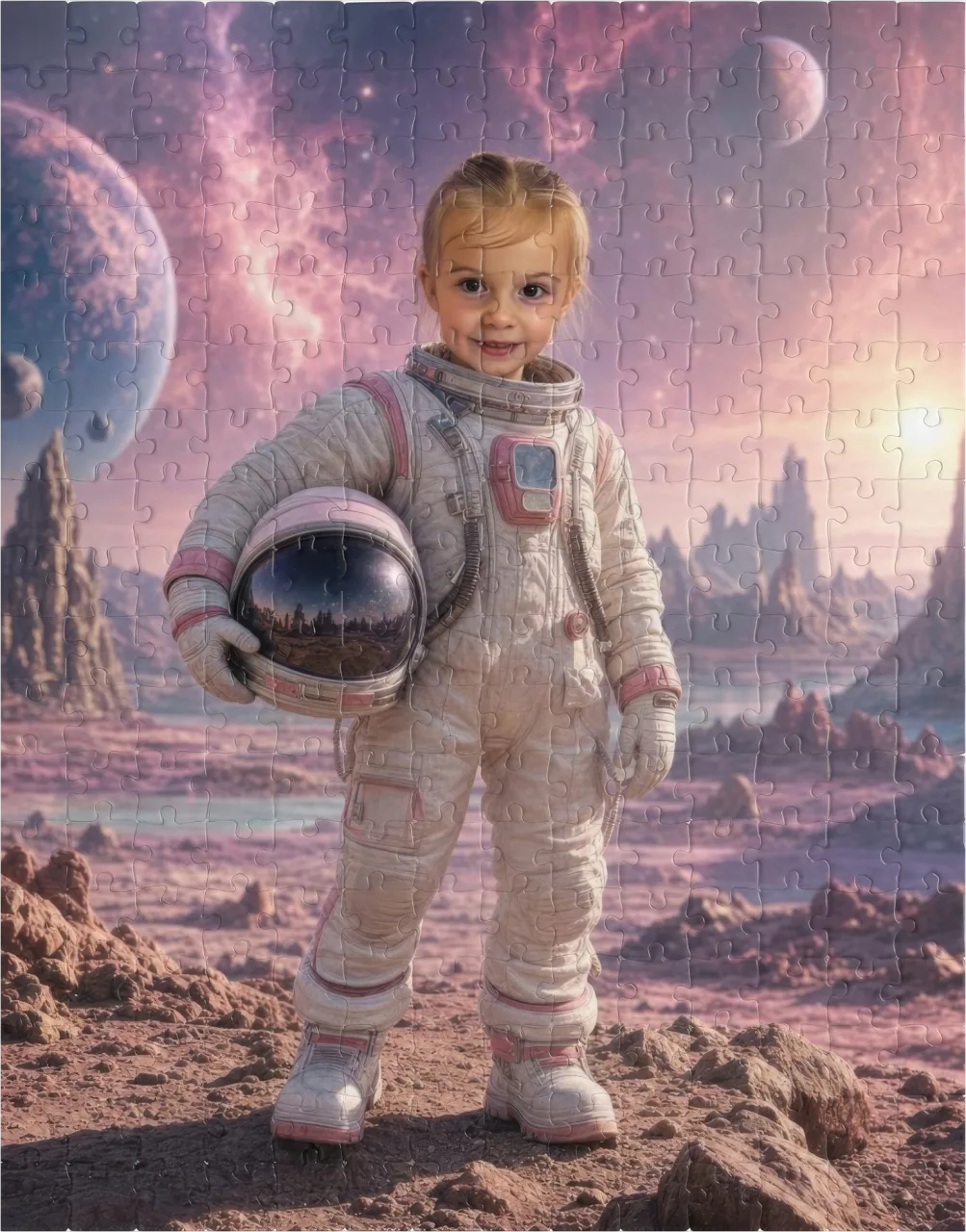 A child painted as an astronaut, printed as a custom jigsaw puzzle and part-assembled beside its box