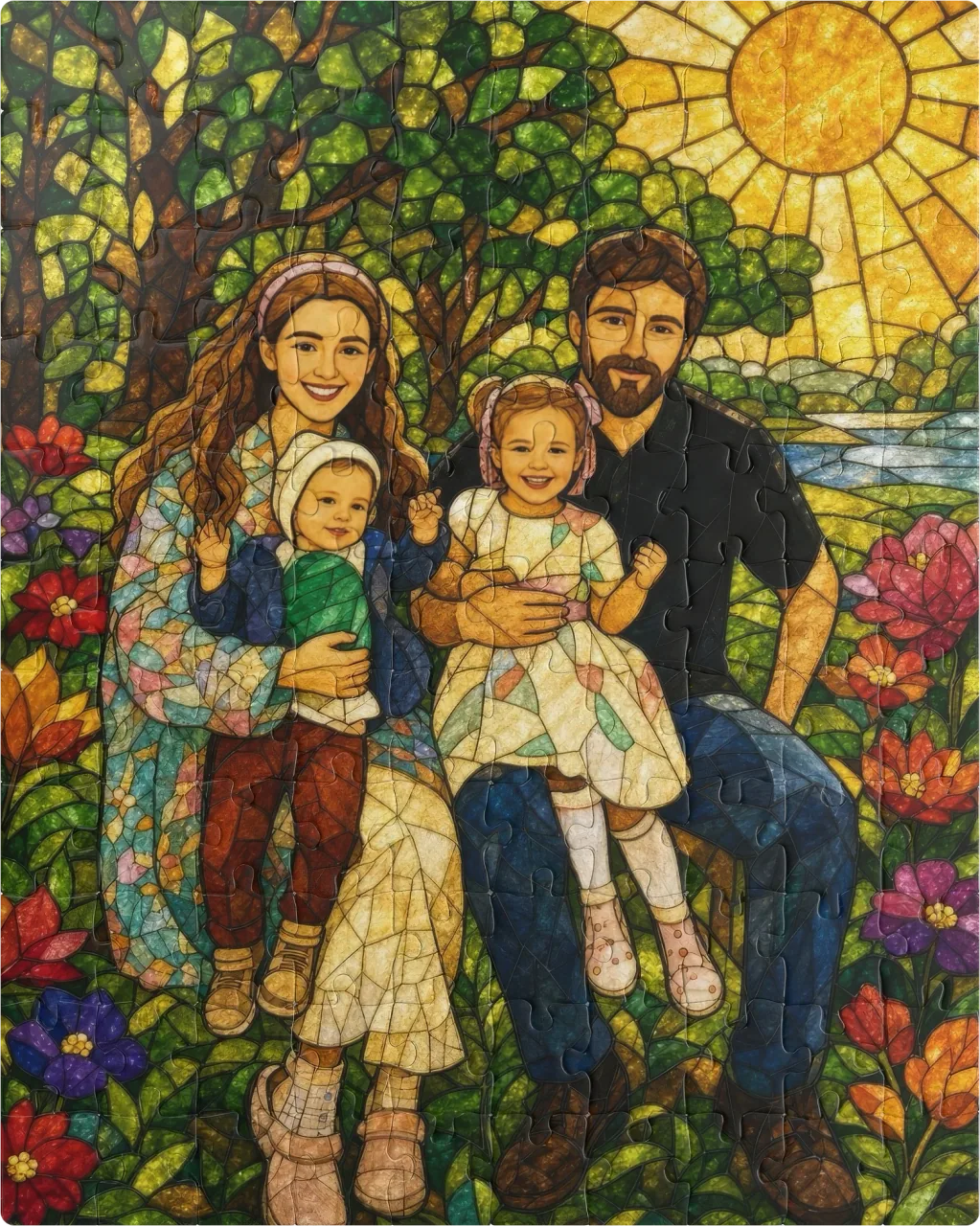 Stained Glass family portrait printed as a custom jigsaw puzzle