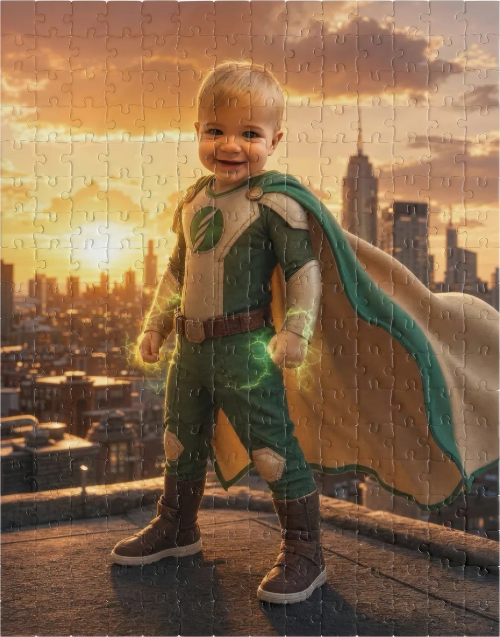 A 252-piece custom photo puzzle showing a child painted as a superhero over a city
