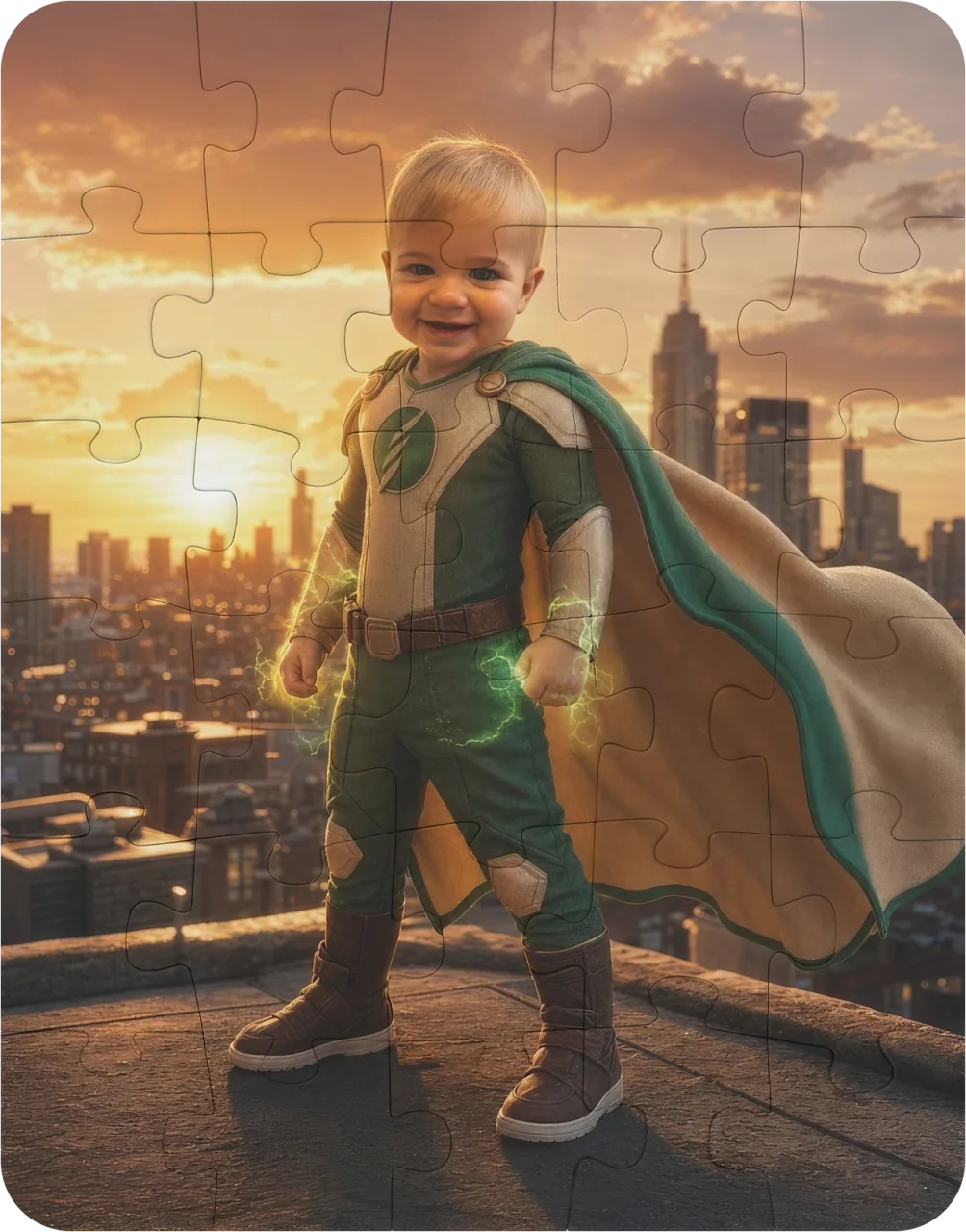 A 30-piece kids custom photo puzzle with chunky pieces, showing a child painted as a superhero