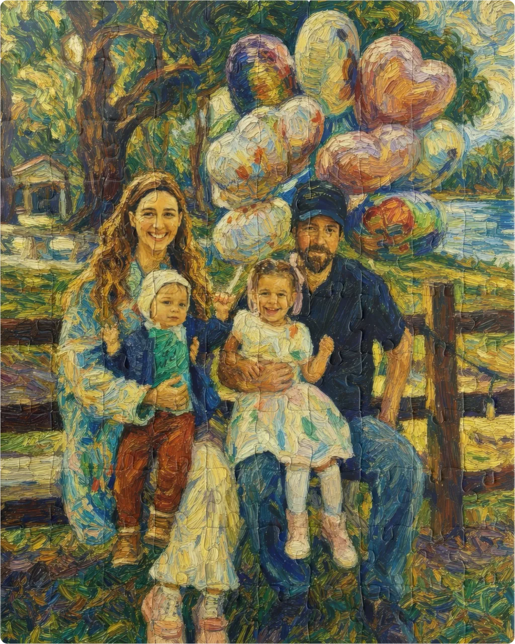 Starry Swirl family portrait printed as a custom jigsaw puzzle