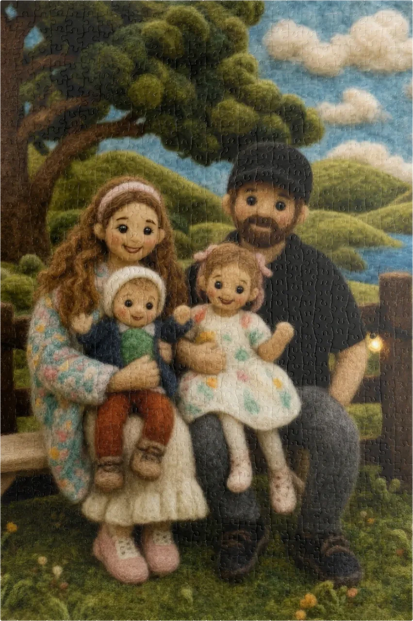 A 1,014-piece custom family puzzle assembled on a table, the family repainted as soft needle-felted wool figures